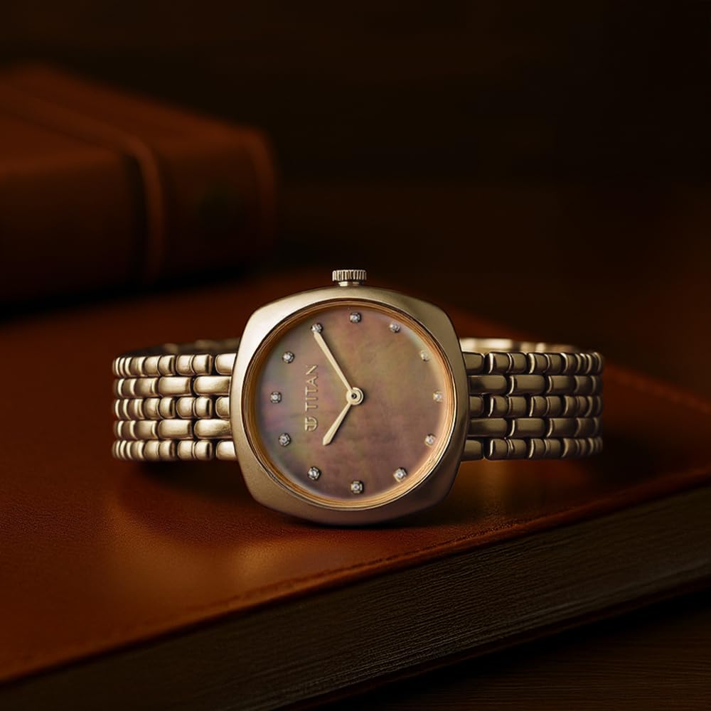 Titan Aura Quartz Analog Brown Mother of Pearl Dial Golden Stainless Steel Strap Watch for Women
