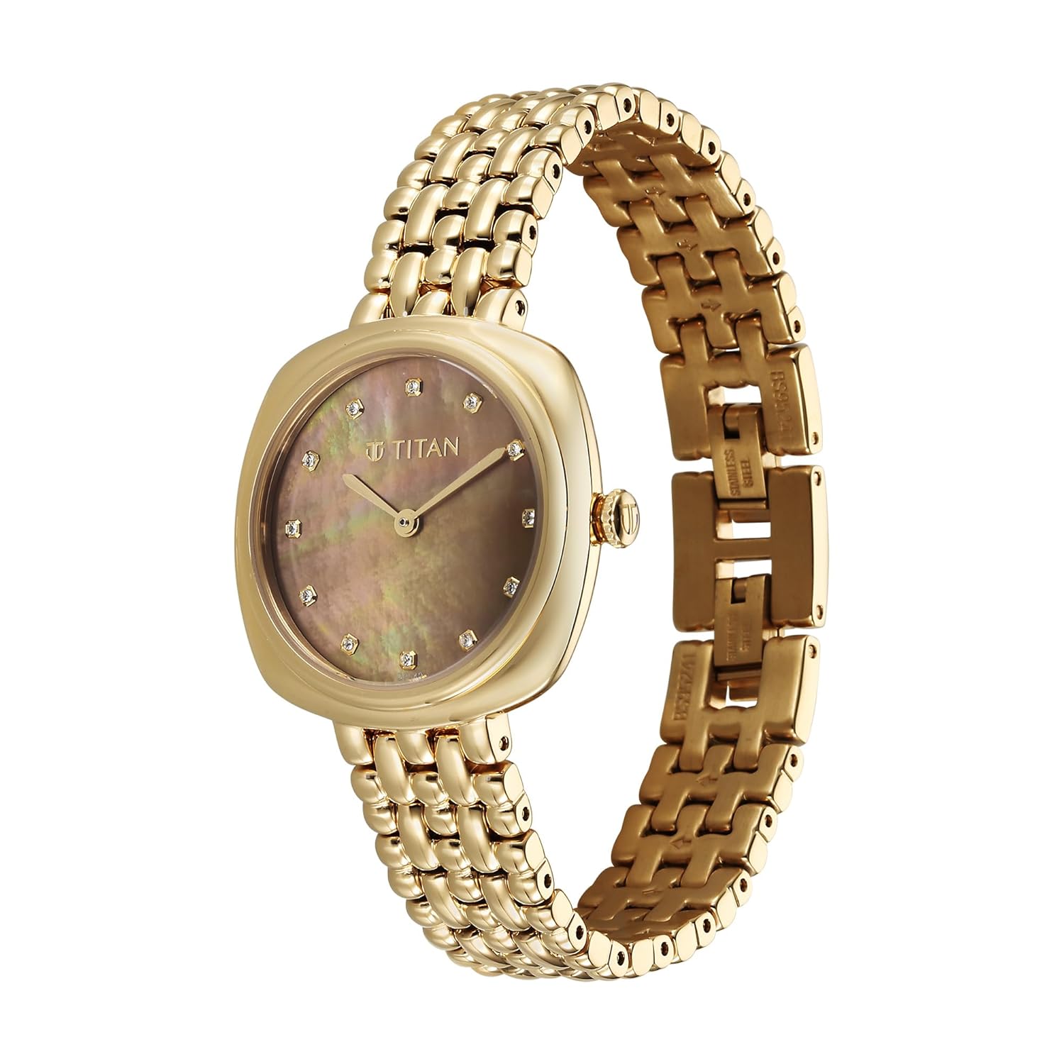 Titan Aura Quartz Analog Brown Mother of Pearl Dial Golden Stainless Steel Strap Watch for Women