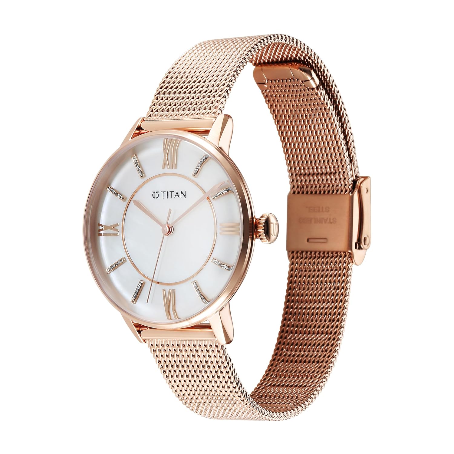 Titan TGIF Quartz Analog Mother Of Pearl Dial Rose Gold Stainless Steel Strap Watch for Women