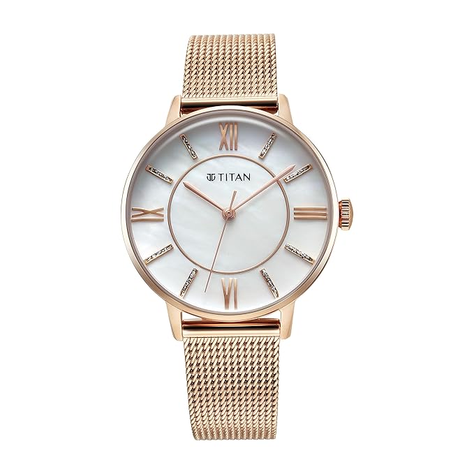Titan TGIF Quartz Analog Mother Of Pearl Dial Rose Gold Stainless Steel Strap Watch for Women