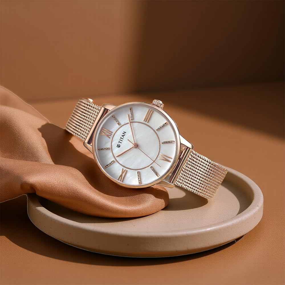 Titan TGIF Quartz Analog Mother Of Pearl Dial Rose Gold Stainless Steel Strap Watch for Women