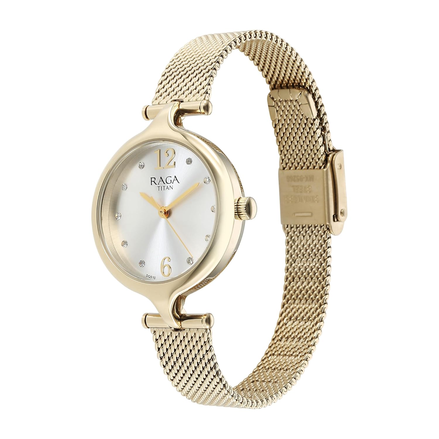 Titan Raga Showstopper Quartz Analog Silver Dial Golden Metal Strap Watch For Women