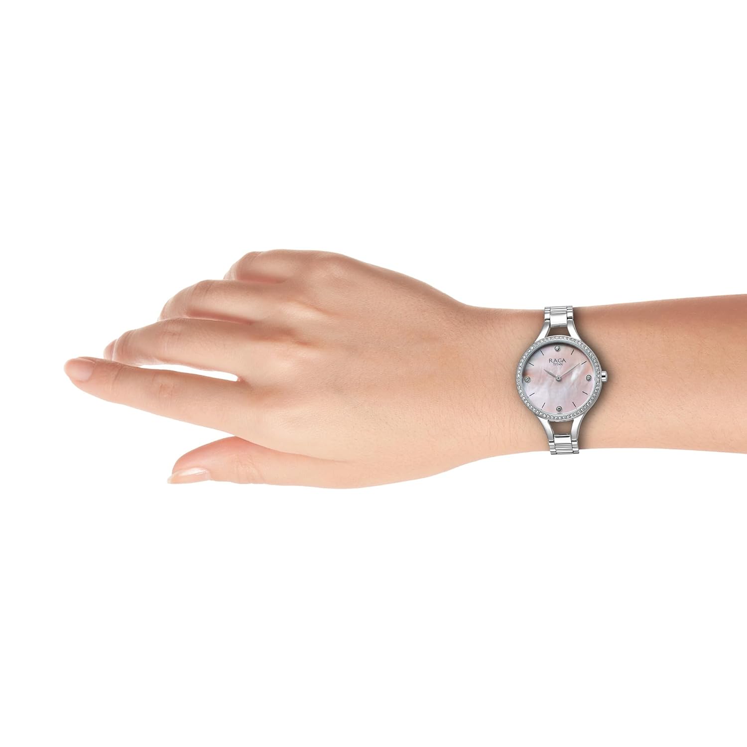 Titan Raga Showstopper Quartz Analog Mother Of Pearl Dial Silver Metal Strap Watch For Women