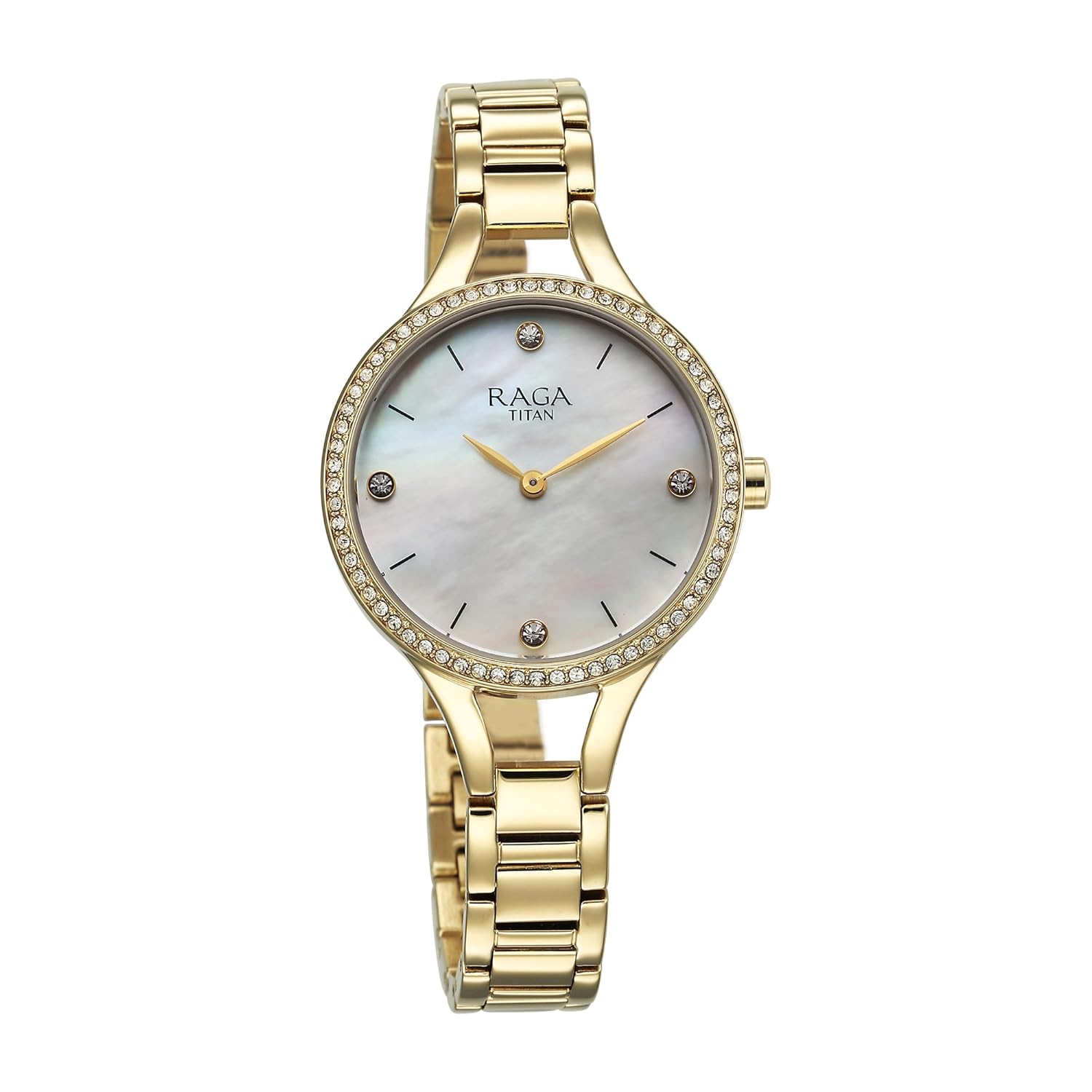 Titan Raga Showstopper Quartz Analog Mother Of Pearl Round Dial Golden Metal Strap Watch For Women