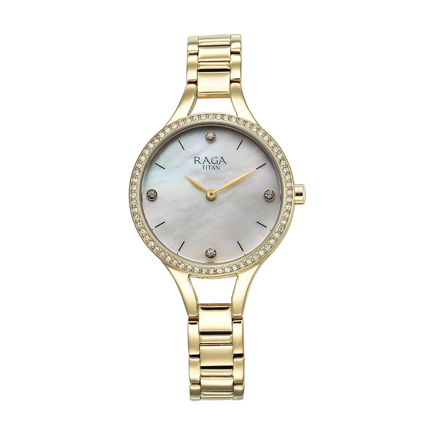 Titan Raga Showstopper Quartz Analog Mother Of Pearl Round Dial Golden Metal Strap Watch For Women