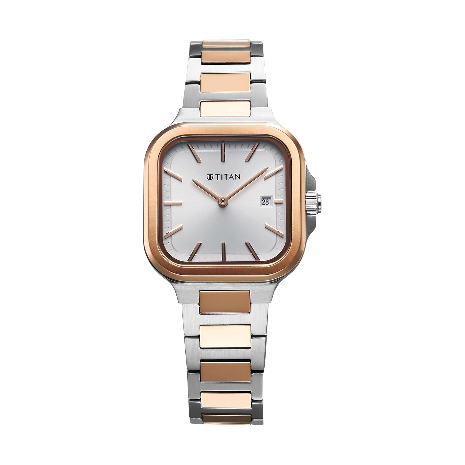 Titan Slim Square Quartz Analog with Date Silver Dial With Two Toned Color Stainless Steel Strap Watch For Women