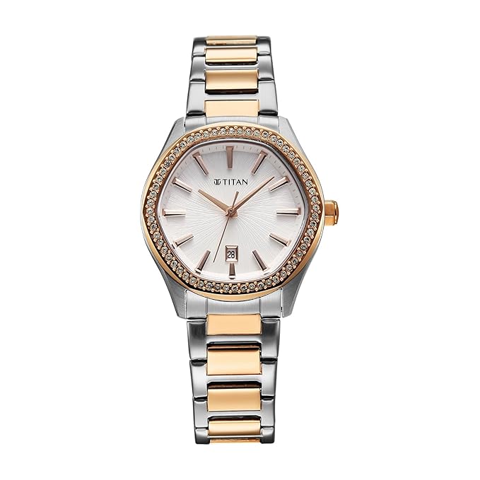Titan Glamour Quartz Analog with Date Silver Dial Two Toned Stainless Steel Strap Watch For Women