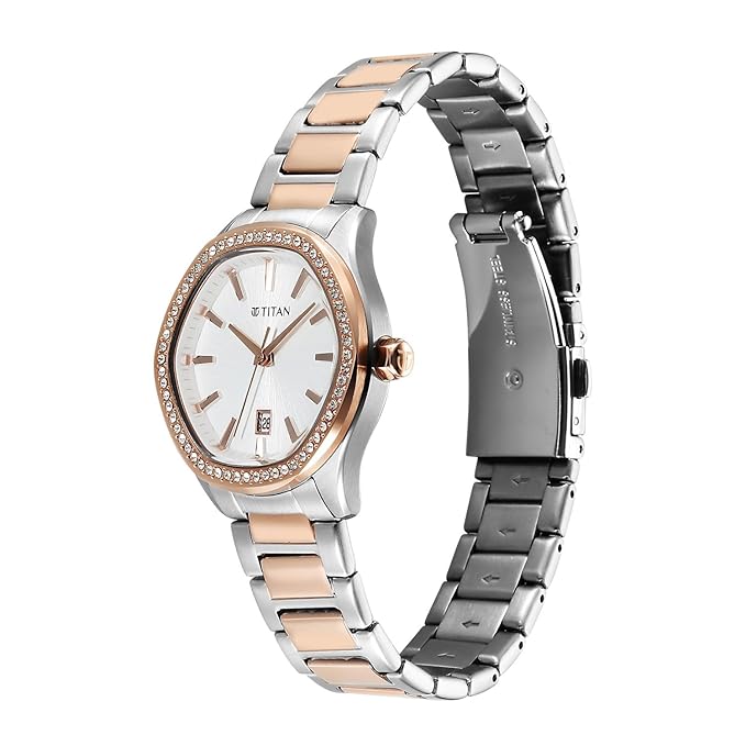 Titan Glamour Quartz Analog with Date Silver Dial Two Toned Stainless Steel Strap Watch For Women