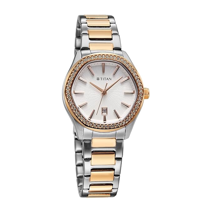 Titan Glamour Quartz Analog with Date Silver Dial Two Toned Stainless Steel Strap Watch For Women