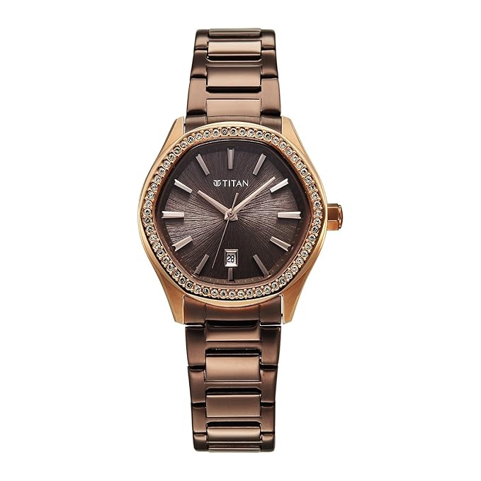 Titan Glamour Quartz Analog with Date Brown Dial Brown Stainless Steel Strap Watch For Women