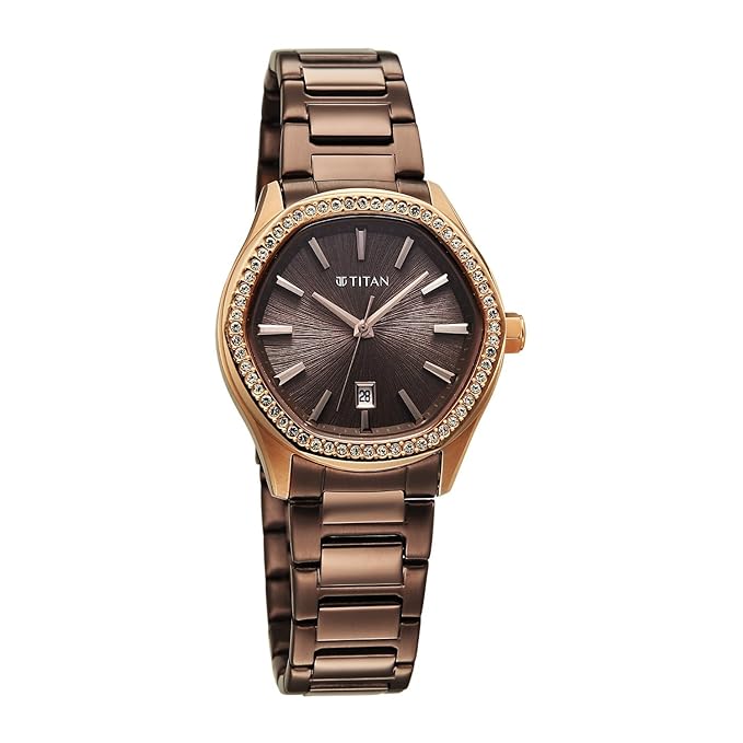 Titan Glamour Quartz Analog with Date Brown Dial Brown Stainless Steel Strap Watch For Women