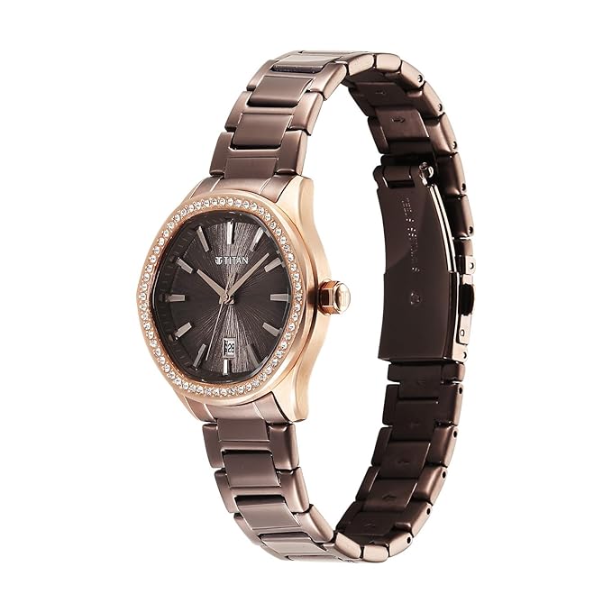 Titan Glamour Quartz Analog with Date Brown Dial Brown Stainless Steel Strap Watch For Women