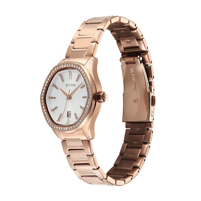 Titan Glamour Quartz Analog with Date Silver Dial Rose Gold Stainless Steel Strap Watch For Women