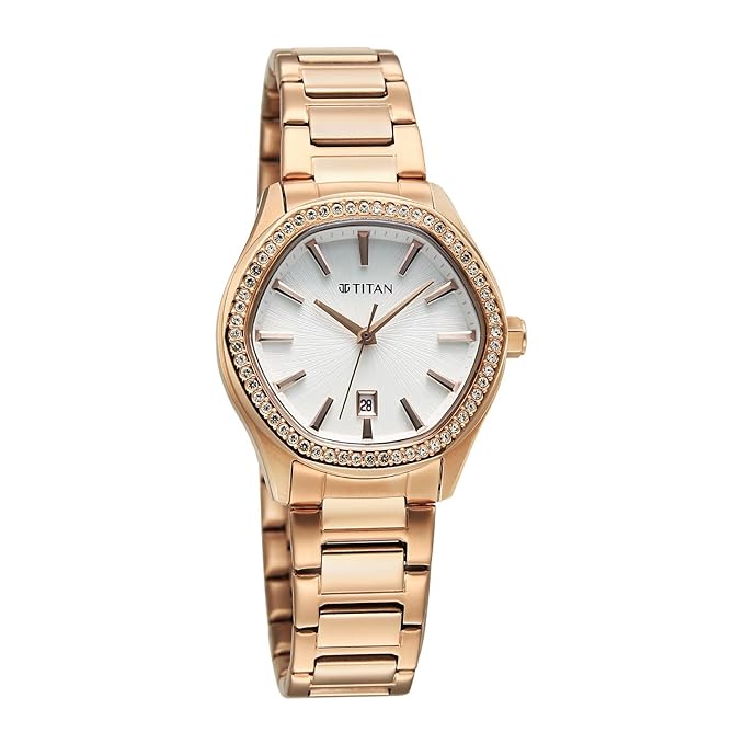 Titan Glamour Quartz Analog with Date Silver Dial Rose Gold Stainless Steel Strap Watch For Women