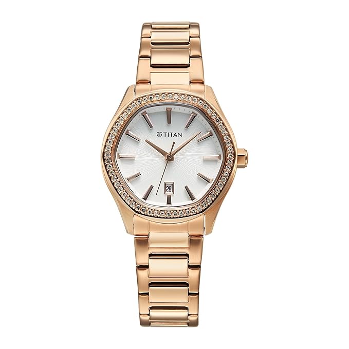 Titan Glamour Quartz Analog with Date Silver Dial Rose Gold Stainless Steel Strap Watch For Women