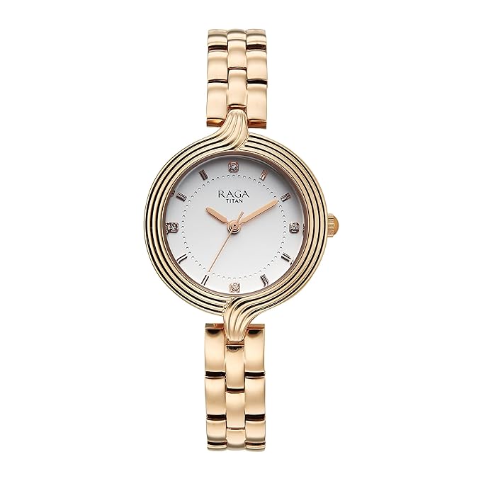 Titan Raga Showstopper Quartz Analog White Dial Rose Gold Metal Strap Watch For Women