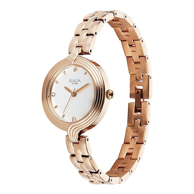 Titan Raga Showstopper Quartz Analog White Dial Rose Gold Metal Strap Watch For Women