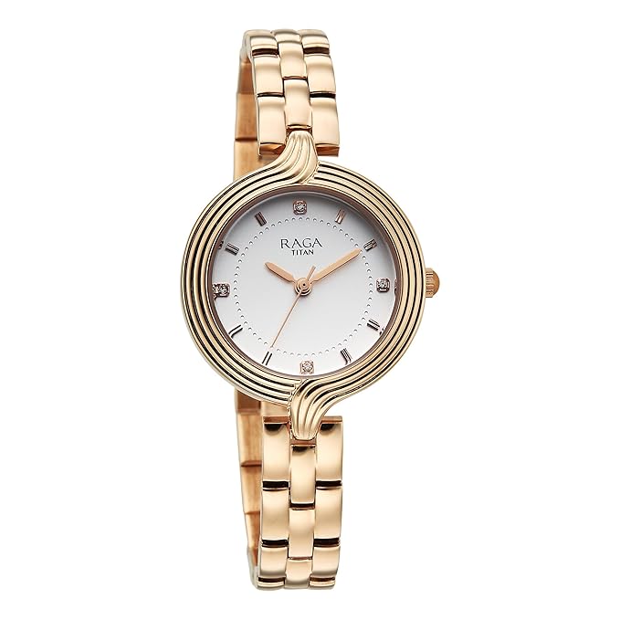 Titan Raga Showstopper Quartz Analog White Dial Rose Gold Metal Strap Watch For Women