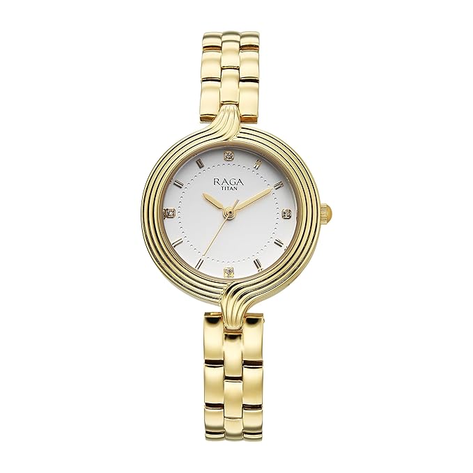 Titan Raga Showstopper Quartz Analog White Dial Rose Gold Metal Strap Watch For Women