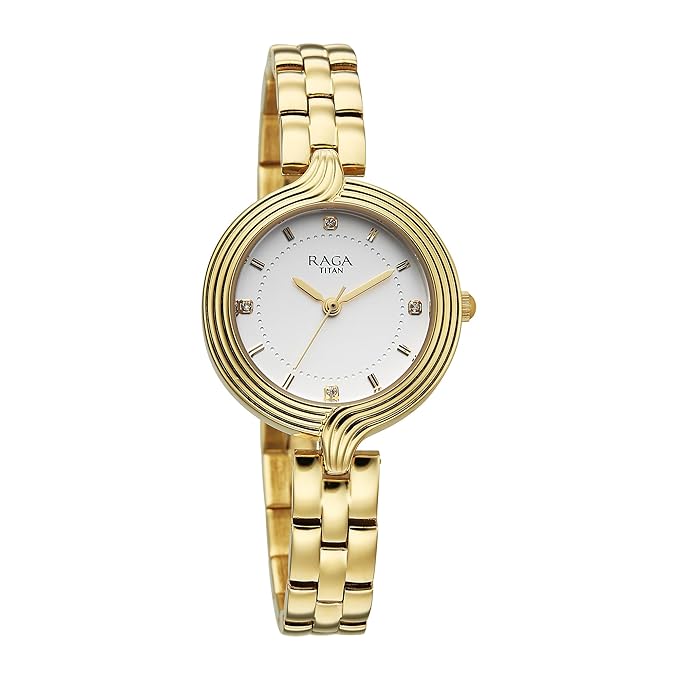 Titan Raga Showstopper Quartz Analog White Dial Rose Gold Metal Strap Watch For Women