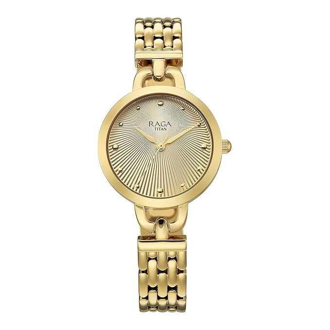 Titan Raga Showstopper Quartz Analog Silver Dial Golden Metal Strap Watch For Women