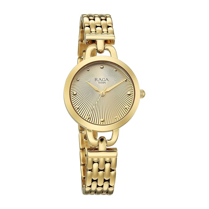 Titan Raga Showstopper Quartz Analog Silver Dial Golden Metal Strap Watch For Women