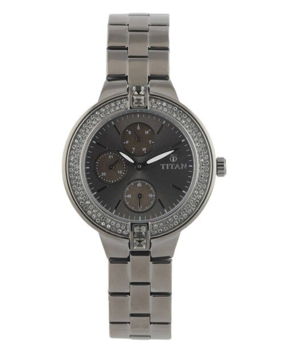 Titan Quartz Analog with Day and Date Grey Dial Stainless Steel Strap Watch for Women