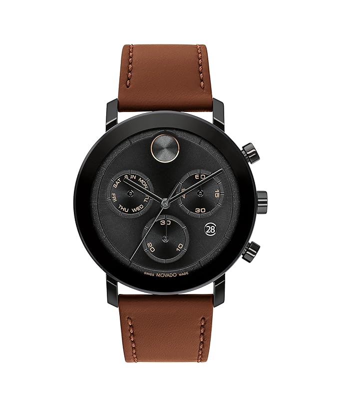 Movado Men's Bold Evolution Black Ion-Plated Stainless Steel Case with a Brown Leather Strap Swiss Quartz Watch, Black