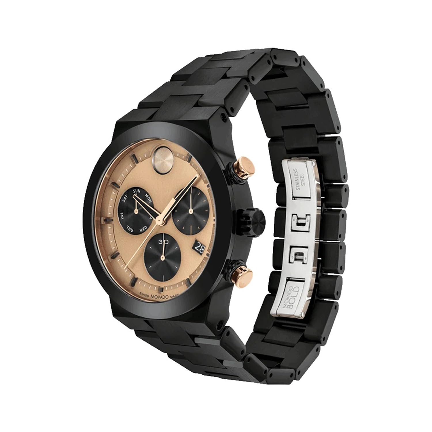 Movado Bold Fusion Swiss Qtz Chrono Bronze Dial Men's Watch | Ionic Plated Black Steel Material | Black Color Band