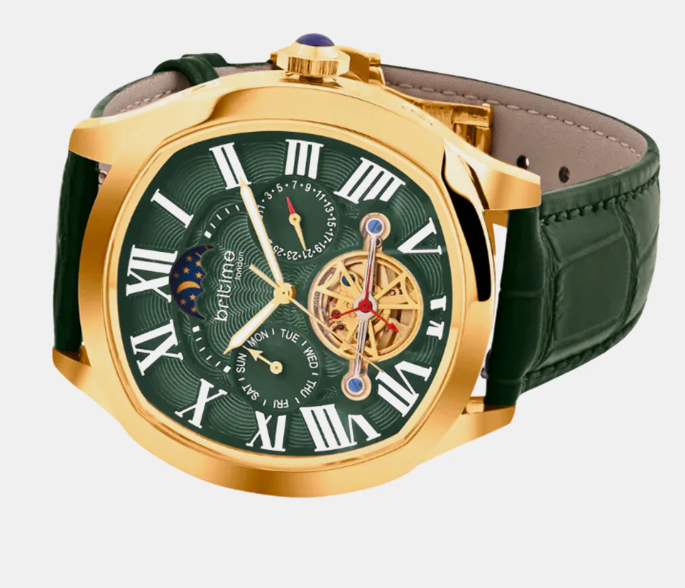 Men Automatic Green Dial Multi-Function Leather Watch