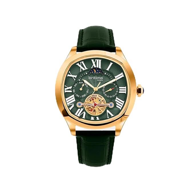 Men Automatic Green Dial Multi-Function Leather Watch