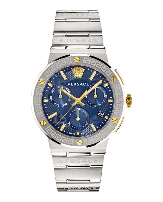 Versace Mens Greca Logo Analog Watches VEZ900221, Dial Color-Blue, Band Color-Silver