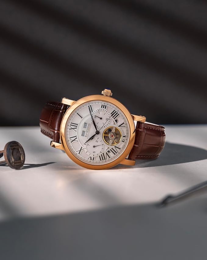 Men’s Automatic Motion Brown Leather Strap Watch with Silver Dial and Multi-Function Design