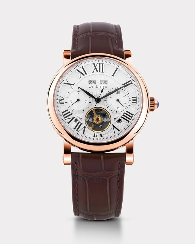 Men’s Automatic Motion Brown Leather Strap Watch with Silver Dial and Multi-Function Design
