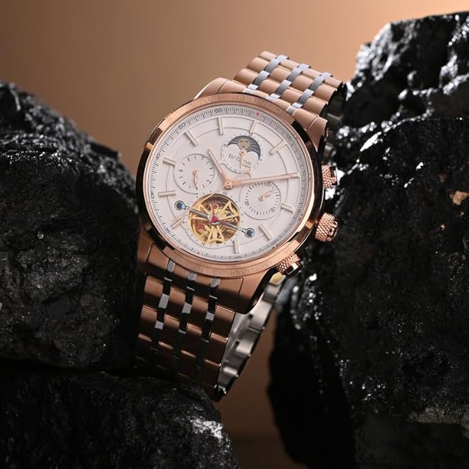 Spencer Men’s Automatic Watch – Silver Dial, Rose Gold Stainless Steel Strap, Multi-Function | Stylish Timepiece for Any Occasion