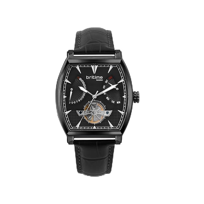 Emerion Men Automatic Black Dial Multi-Function Leather Watch