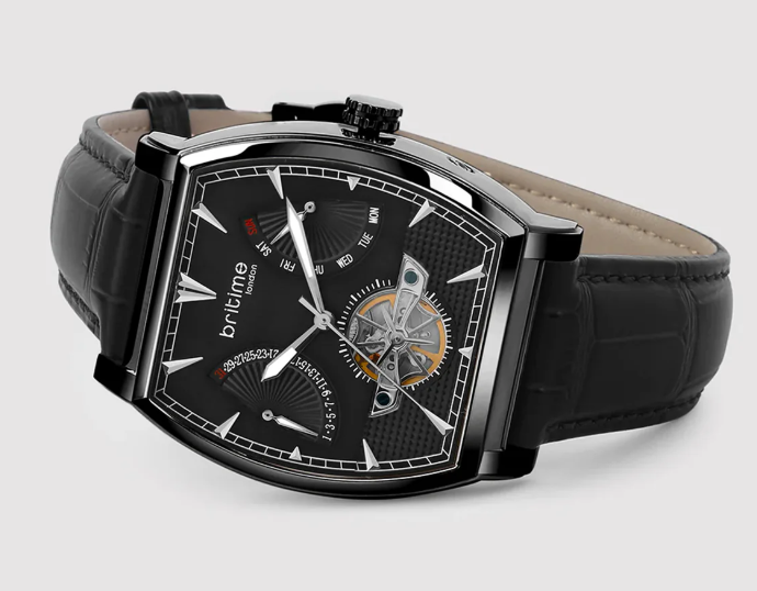 Emerion Men Automatic Black Dial Multi-Function Leather Watch