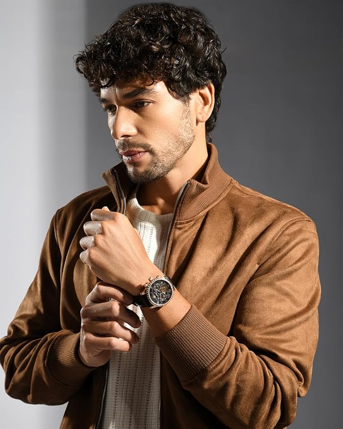 Orbit Men’s Automatic Rose Gold Dial Multifunction Watch Stylish Leather Strap | Round Dial | Elegant Timepiece for Any Occasion