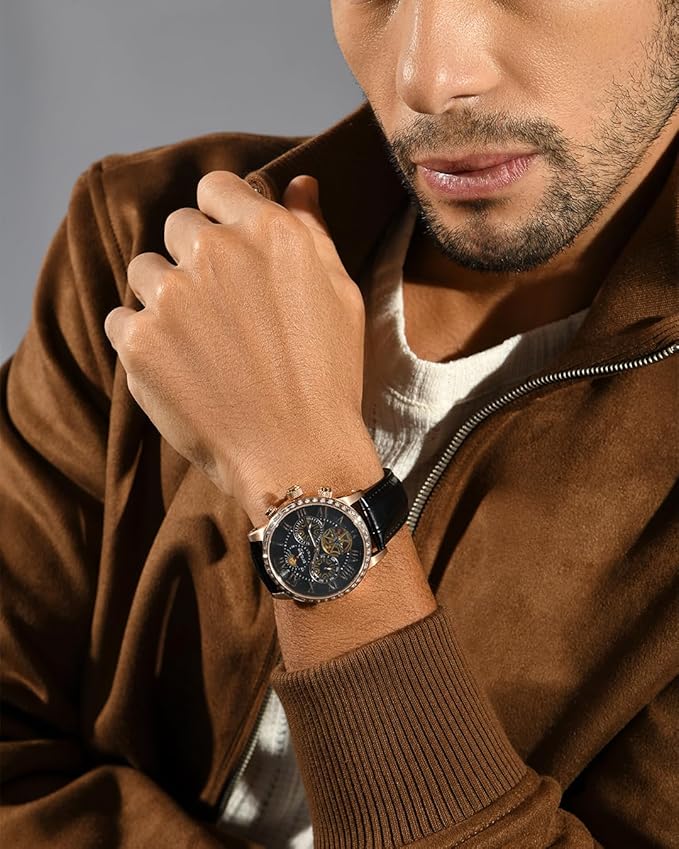 Orbit Men’s Automatic Rose Gold Dial Multifunction Watch Stylish Leather Strap | Round Dial | Elegant Timepiece for Any Occasion