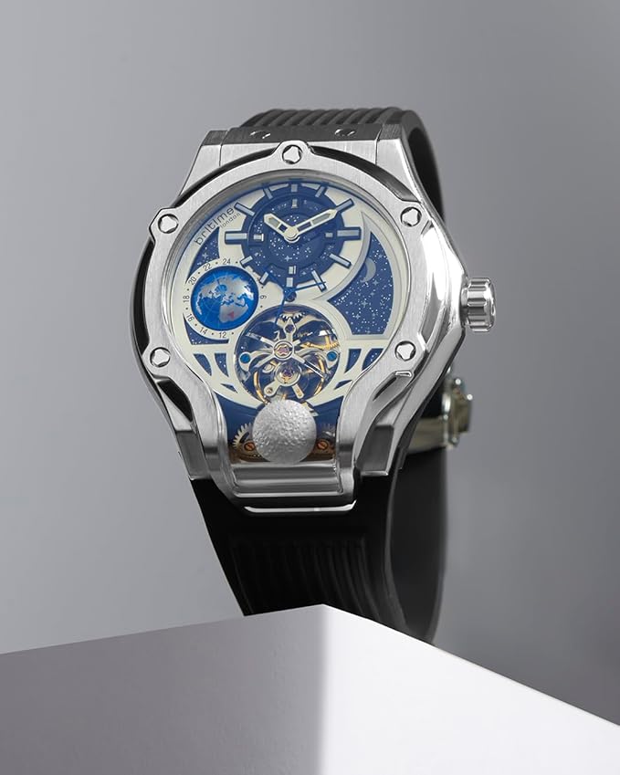 Asteroid Men’s Automatic Watch – Silver Dial, Black Silicon Strap, Multi-Function Stylish Timepiece for Any Occasion