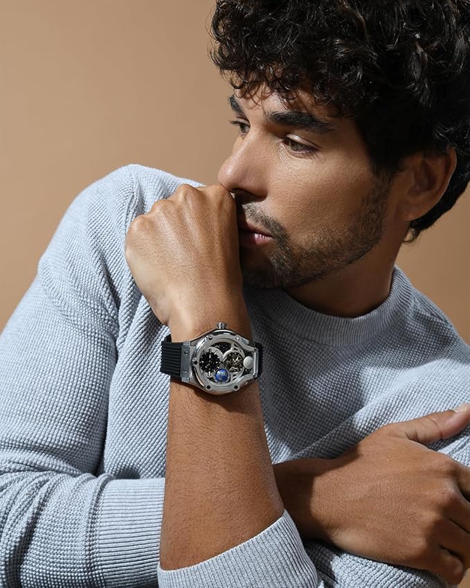Asteroid Men’s Automatic Watch – Silver Dial, Black Silicon Strap, Multi-Function Stylish Timepiece for Any Occasion