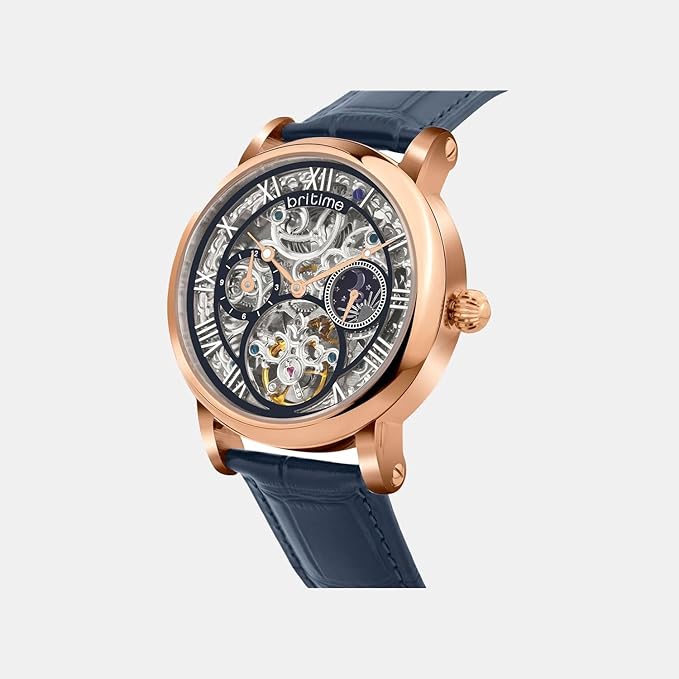 Stellor Open Heart Men Automatic Blue Dial Multi-Function Leather Watch
