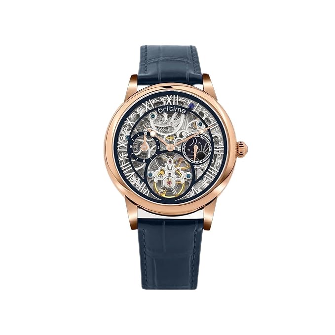Stellor Open Heart Men Automatic Blue Dial Multi-Function Leather Watch
