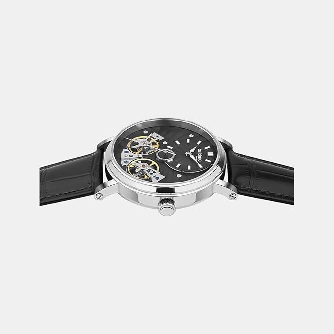 Men Automatic Black Dial Multi-Function Leather Watch