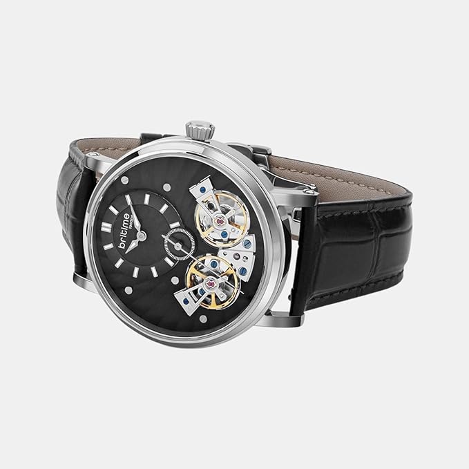 Men Automatic Black Dial Multi-Function Leather Watch