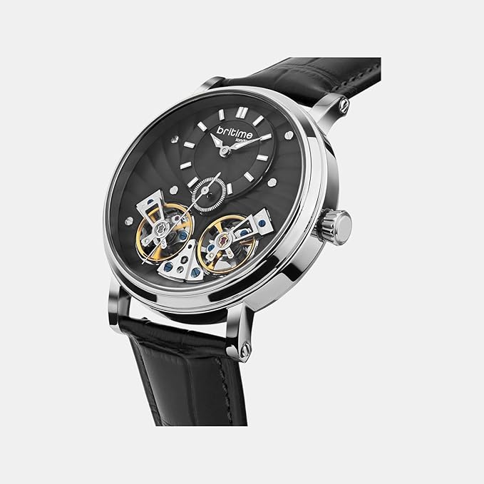 Men Automatic Black Dial Multi-Function Leather Watch