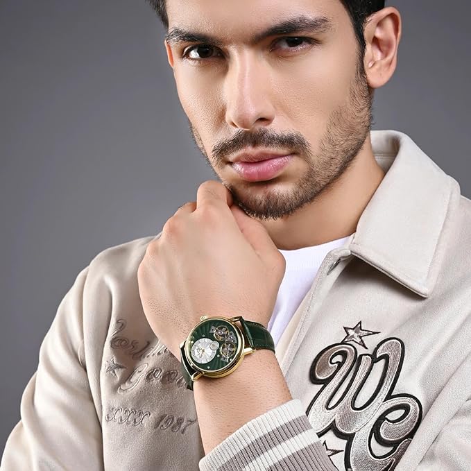 Men Automatic Green Dial Multi-Function Leather Watch