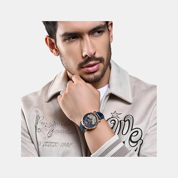 Men Automatic Rose Gold Dial Multi-Function Leather Watch