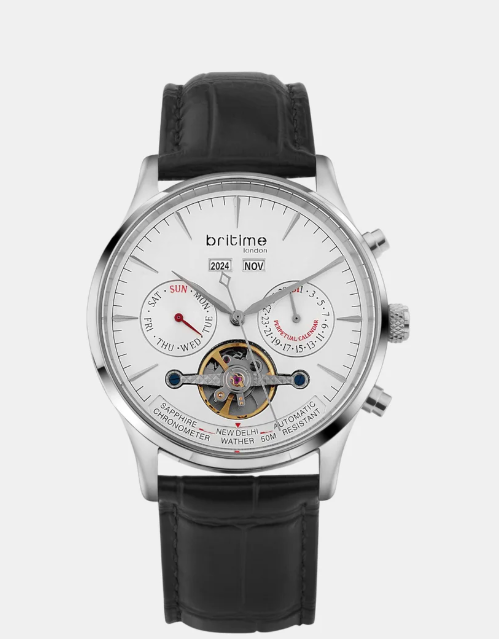 Celestial Men’s Automatic Watch – Silver Dial, Black Leather Strap, Multi-Function | Stylish Timepiece for Any Occasion
