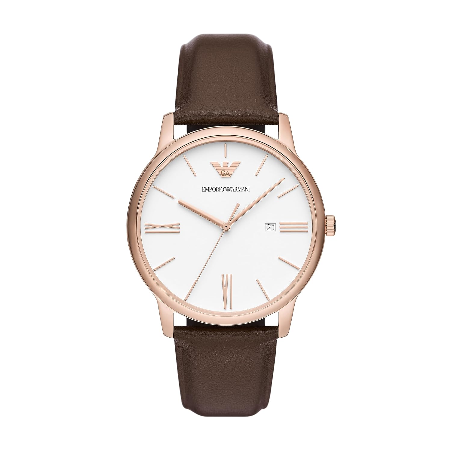 Emporio Armani Leather Analog White Dial Men Watch , Brown Band